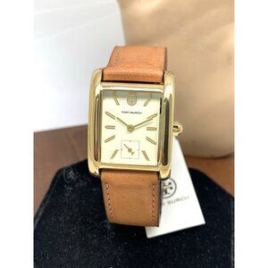Tory Burch Women's Watch TBW1068 Tank Cream Dial Gold Quartz Brown Leather Band
